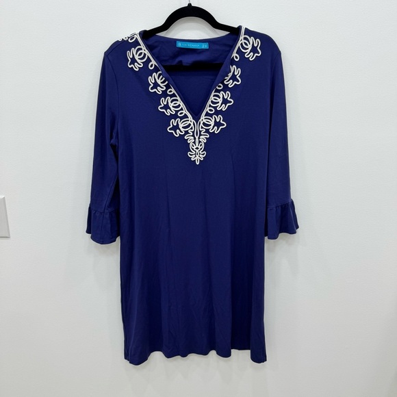 Tori Richard Honolulu Dress soft navy blue with white trim split neck midi knee - Picture 1 of 6